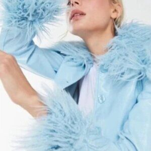 Urban Outfitters Mia Faux Fur Trim Jacket Pleather S Blue Vegan Patent Leather